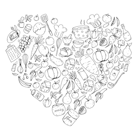 Kitchen and cooking seamless pattern. Icons of food and drinks. Colorful images for wrapping paper, textile, fabric.のイラスト素材