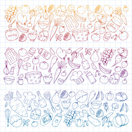 Kitchen and cooking seamless pattern. Icons of food and drinks. Colorful images for wrapping paper, textile, fabricのイラスト素材