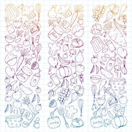 Kitchen and cooking seamless pattern. Icons of food and drinks. Colorful images for wrapping paper, textile, fabricのイラスト素材