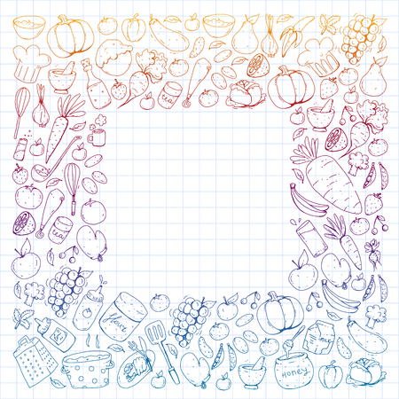 Kitchen and cooking seamless pattern. Icons of food and drinks. Colorful images for wrapping paper, textile, fabricのイラスト素材