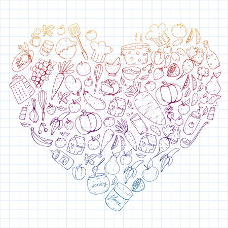 Kitchen and cooking seamless pattern. Icons of food and drinks. Colorful images for wrapping paper, textile, fabricのイラスト素材