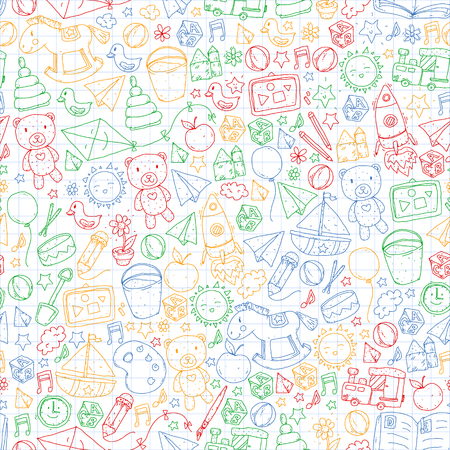 Kindergarten Vector seamless pattern with toys and items for educationのイラスト素材