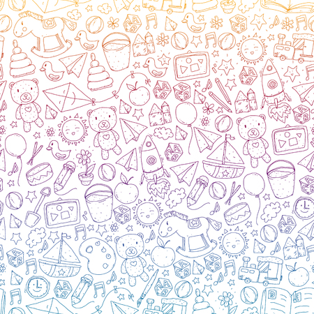 Kindergarten Vector seamless pattern with toys and items for educationのイラスト素材