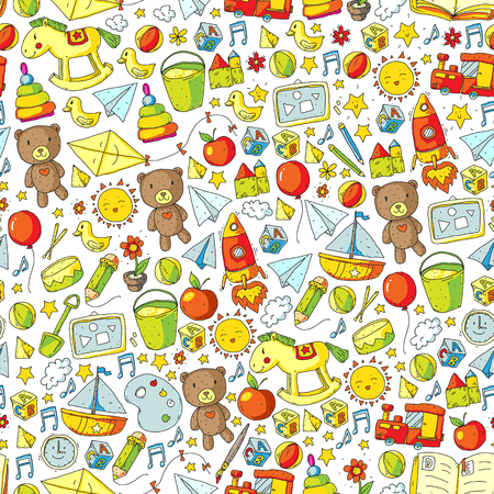 Kindergarten Vector seamless pattern with toys and items for educationのイラスト素材