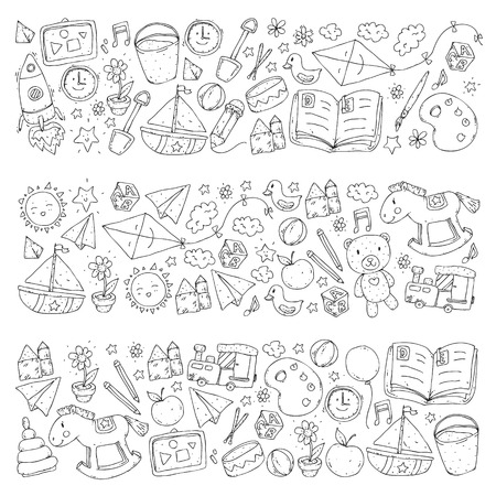 Kindergarten Vector seamless pattern with toys and items for educationのイラスト素材