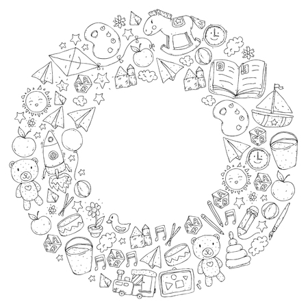 Kindergarten Vector seamless pattern with toys and items for educationのイラスト素材