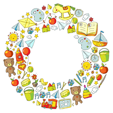 Kindergarten Vector seamless pattern with toys and items for educationのイラスト素材