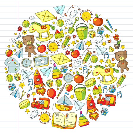 Kindergarten Vector pattern with toys and items for educationのイラスト素材