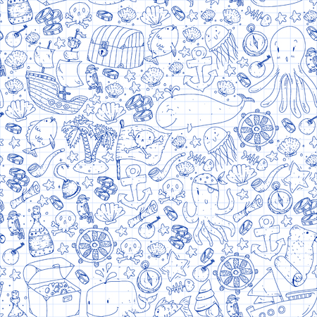 Vector pirate pattern for small boys and girls. Kindergarten, birthday party. Wallpaper for children room, wrapping paperのイラスト素材