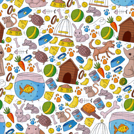 Pet shop, zoo, veterinary. Vector pattern woth cat, hamster dog bunny rabbitのイラスト素材