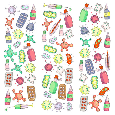 Cough, pills, influenza, flu, sickness. Vector pattern with doodle icons Healthcare and medicineのイラスト素材