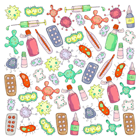 Cough, pills, influenza, flu, sickness. Vector pattern with doodle icons Healthcare and medicineのイラスト素材