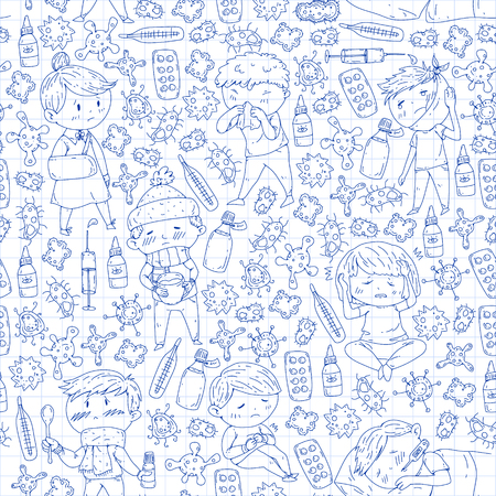 Children medical center. Healthcare illustration. Doodle icons with small kids, infection, fever, cold, virus illnessのイラスト素材