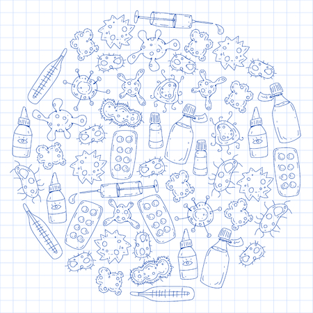 Cough, pills, influenza, flu, sickness. Vector pattern with doodle icons Healthcare and medicineのイラスト素材