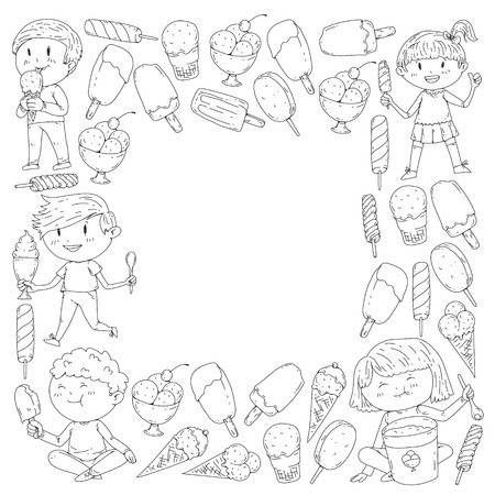 Small children eating ice cream. Sweet strawberry candy for kids. Tasty vanilla, orange, kiwi dessertのイラスト素材