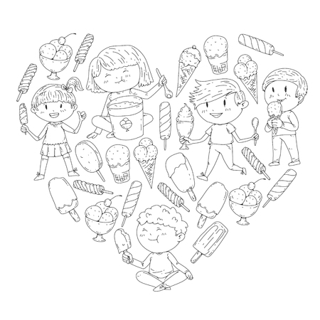 Small children eating ice cream. Sweet strawberry candy for kids. Tasty vanilla, orange, kiwi dessertのイラスト素材