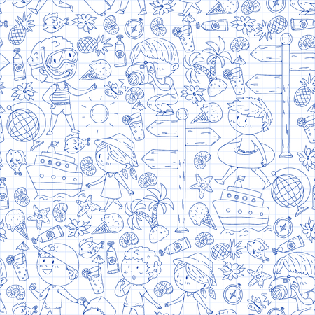 Happy children playing at seashore, beach, sea, ocean. Kids vacation and travelling. Swimming, doodle icons globe, cruise ship, cocktailのイラスト素材