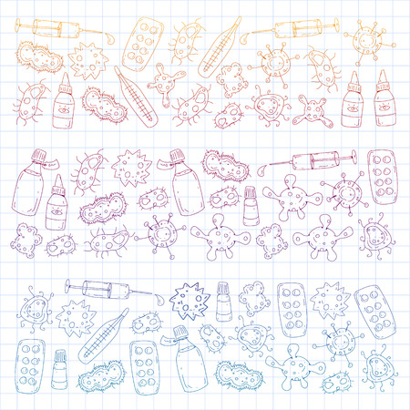 Cough, pills, influenza, flu, sickness. Vector pattern with doodle icons Healthcare and medicineのイラスト素材