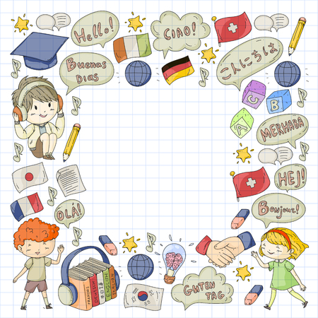 Language school for adult, kids. Children courses. English, Italian, Spanish, Japanese, Chinese Arabic German Play and studyのイラスト素材