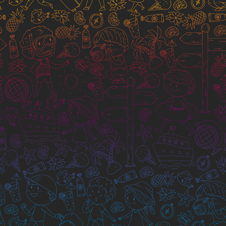 Happy children playing at seashore, beach, sea, ocean. Kids vacation and travelling. Swimming, doodle icons globe, cruise ship, cocktailのイラスト素材