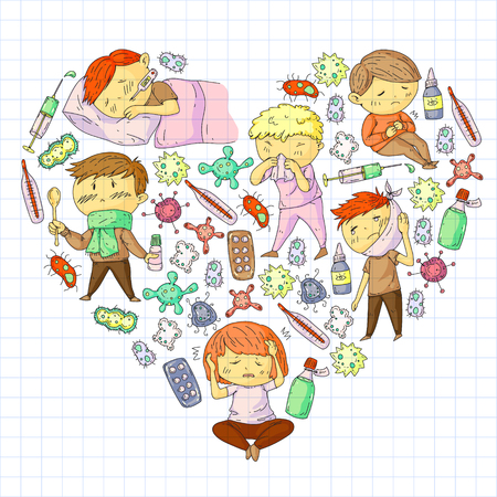 Children medical center. Healthcare illustration. Doodle icons with small kids, infection, fever, cold, virus illnessのイラスト素材