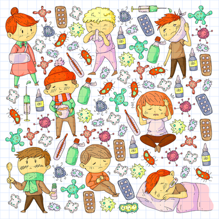 Children medical center. Healthcare illustration. Doodle icons with small kids, infection, fever, cold, virus illnessのイラスト素材