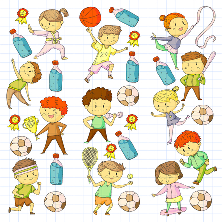 Children sport competitions. Young atheles playing soccer, football, baseball, basketball. Boys and girls running. Images of rhythic gymnastics, figure skatingのイラスト素材