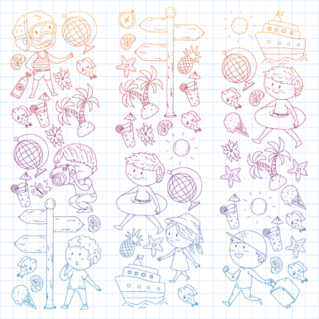 Happy children playing at seashore, beach, sea, ocean. Kids vacation and travelling. Swimming, doodle icons globe, cruise ship, cocktailのイラスト素材