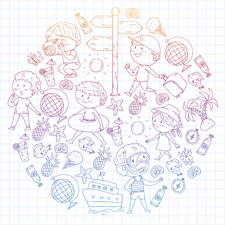 Happy children playing at seashore, beach, sea, ocean. Kids vacation and travelling. Swimming, doodle icons globe, cruise ship, cocktailのイラスト素材