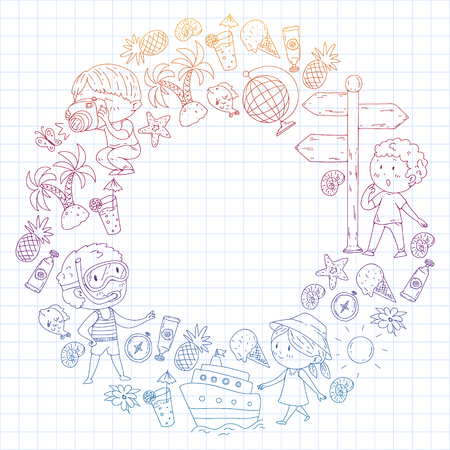 Happy children playing at seashore, beach, sea, ocean. Kids vacation and travelling. Swimming, doodle icons globe, cruise ship, cocktailのイラスト素材