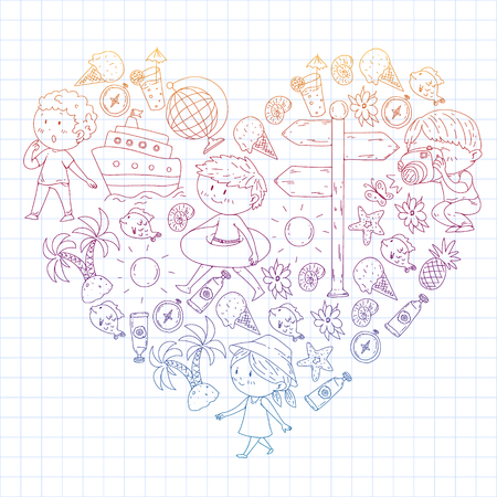 Happy children playing at seashore, beach, sea, ocean. Kids vacation and travelling. Swimming, doodle icons globe, cruise ship, cocktailのイラスト素材