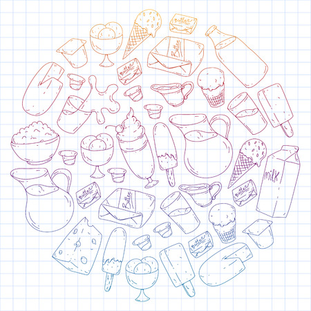 Dairy products. Doodle icons. Diet, breakfast. Milk, yogurt, cheese, ice cream, butter Eat fresh healthy food and be happyのイラスト素材