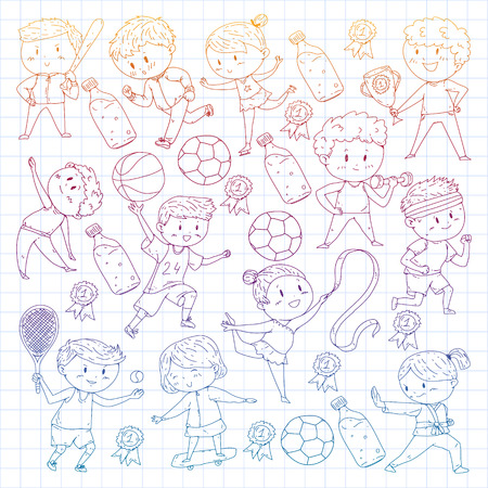 Children sport competitions. Young atheles playing soccer, football, baseball, basketball. Boys and girls running. Images of rhythic gymnastics, figure skatingのイラスト素材