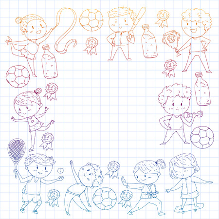Children sport competitions. Young atheles playing soccer, football, baseball, basketball. Boys and girls running. Images of rhythic gymnastics, figure skatingのイラスト素材