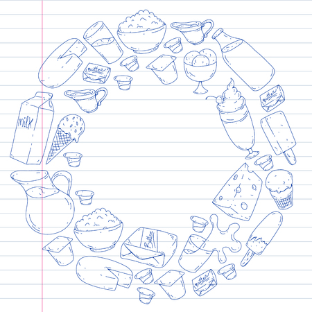 Dairy products. Doodle icons. Diet, breakfast. Milk, yogurt, cheese, ice cream, butter Eat fresh healthy food and be happyのイラスト素材