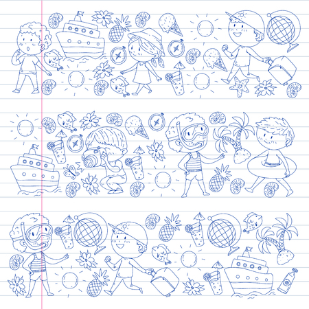 Happy children playing at seashore, beach, sea, ocean. Kids vacation and travelling. Swimming, doodle icons globe, cruise ship, cocktailsのイラスト素材