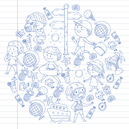 Happy children playing at seashore, beach, sea, ocean. Kids vacation and travelling. Swimming, doodle icons globe, cruise ship, cocktailsのイラスト素材
