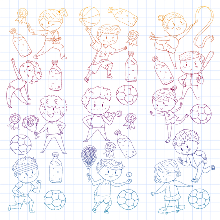 Children sport competitions. Young atheles playing soccer, football, baseball, basketball. Boys and girls running. Images of rhythic gymnastics, figure skatingのイラスト素材