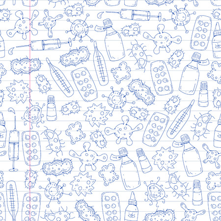 Cough, pills, influenza, flu, sickness. Vector pattern with doodle icons Healthcare and medicineのイラスト素材