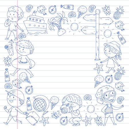 Happy children playing at seashore, beach, sea, ocean. Kids vacation and travelling. Swimming, doodle icons globe, cruise ship, cocktailsのイラスト素材