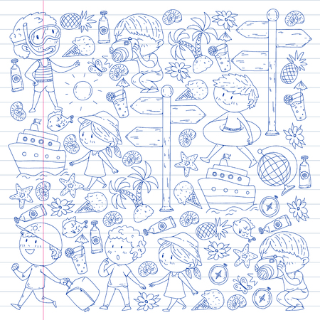 Happy children playing at seashore, beach, sea, ocean. Kids vacation and travelling. Swimming, doodle icons globe, cruise ship, cocktailsのイラスト素材