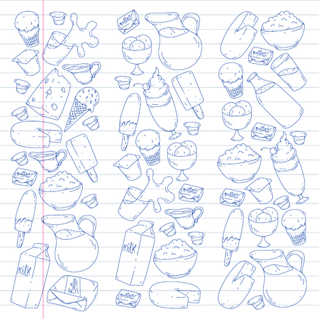 Dairy products. Doodle icons. Diet, breakfast. Milk, yogurt, cheese, ice cream, butter Eat fresh healthy food and be happyのイラスト素材