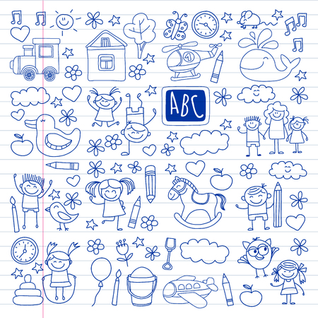 Vector doodle set with kindergarten children. Small kids play, learn, having fun together.のイラスト素材