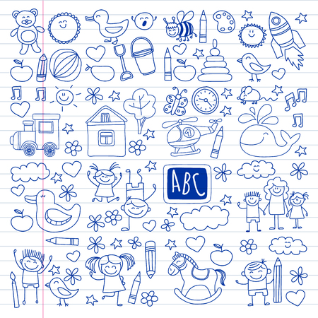 Vector doodle set with kindergarten children. Small kids play, learn, having fun together.のイラスト素材