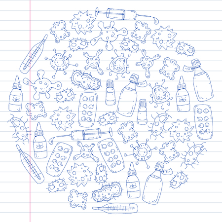 Cough, pills, influenza, flu, sickness. Vector pattern with doodle icons Healthcare and medicineのイラスト素材