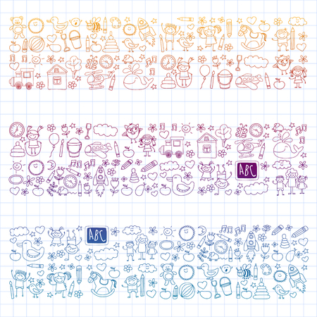 Vector doodle set with kindergarten children. Small kids play, learn, having fun together.のイラスト素材
