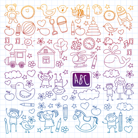Vector doodle set with kindergarten children. Small kids play, learn, having fun together.のイラスト素材