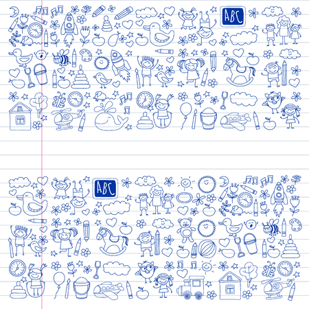 Vector doodle set with kindergarten children. Small kids play, learn, having fun together.のイラスト素材