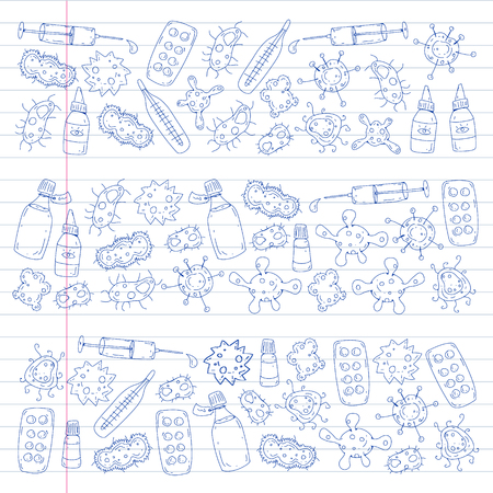 Cough, pills, influenza, flu, sickness. Vector pattern with doodle icons Healthcare and medicineのイラスト素材