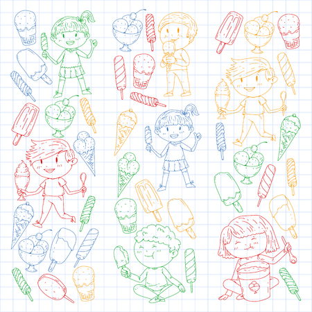 Small children eating ice cream. Sweet strawberry candy for kids. Tasty vanilla, orange, kiwi dessertのイラスト素材